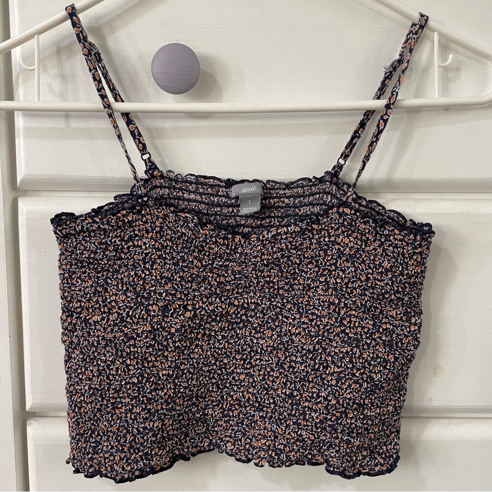 Aerie Black and Pink Smocked Crop Camisole